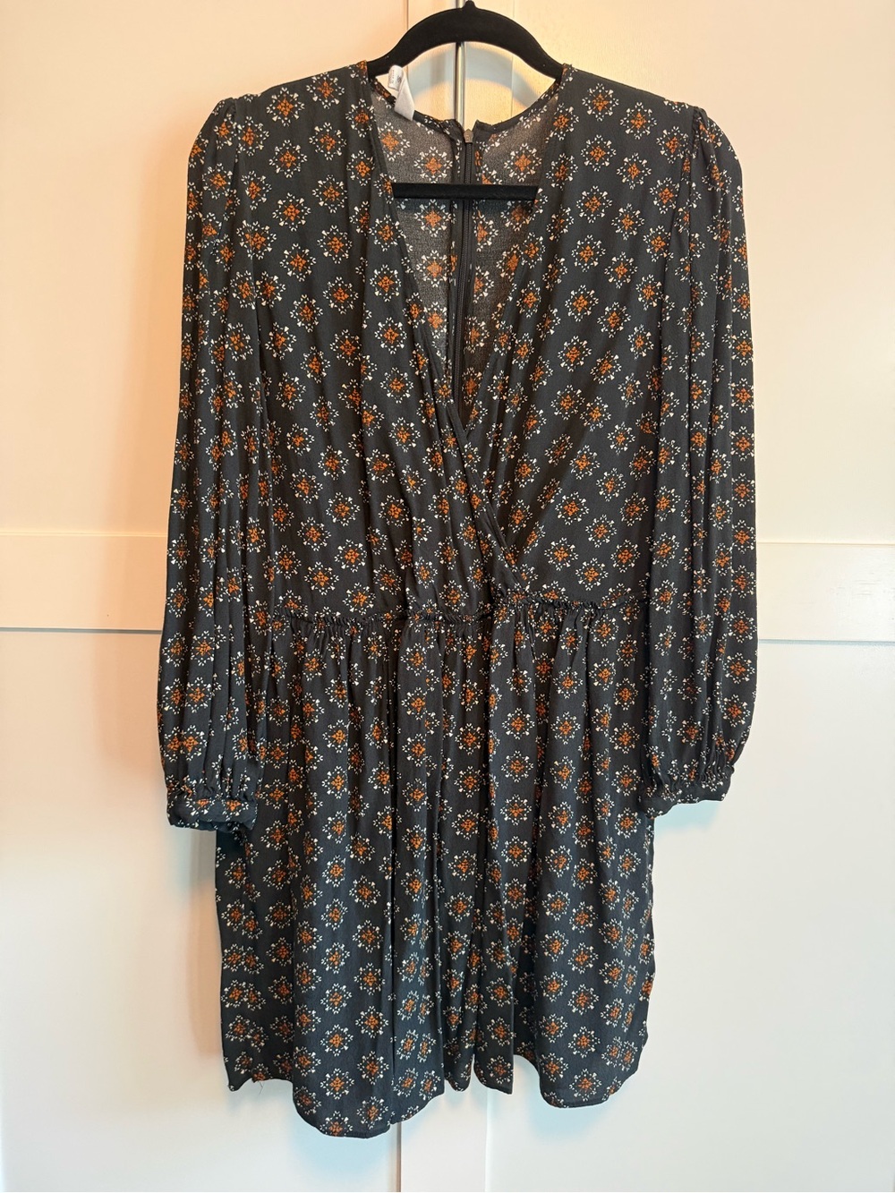 Mango Black Long-Sleeve Floral Wrap Dress with Orange Accents